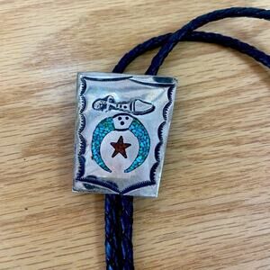 Vintage Navajo Sterling Silver Shriner Turquoise Inlay Bolo Tie